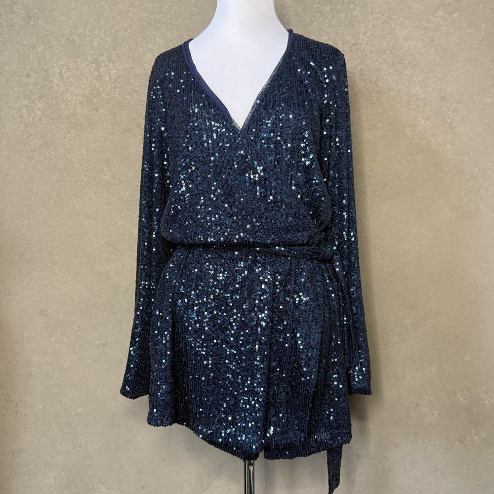 Free People Christa Sequin Long Sleeve Wrap Romper Blue Small